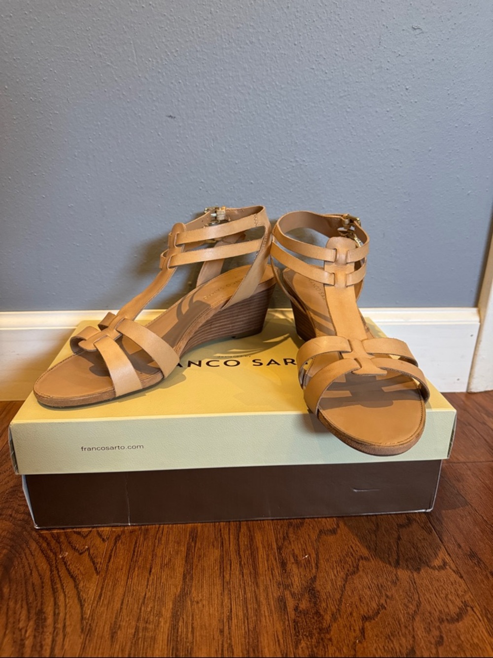 Franco Sarto Neutral Tan Strappy Wedge Sandals